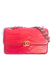 Vintage Chanel red 2.55 shoulder bag with wavy stitches and rope strings and gold chain strap. Very rare piece from the era. 050316r4