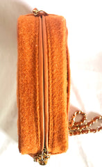 Vintage CHANEL orange tweed matelasse chain shoulder bag, camera bag with CC tassel charm. Must have rare purse.