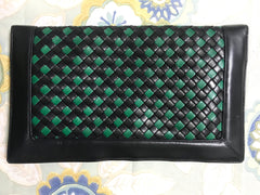 W9. Vintage Bottega Veneta intrecciato navy and green woven lamb leather large clutch bag, purse. Unisex. 050926