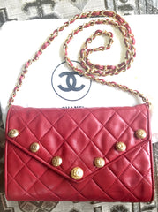 Vintage CHANEL red lamb leather shoulder bag with golden CC button motifs at flap. Rare purse. 070610re1