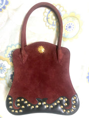 Vintage Christian Lacroix genuine wine brown suede leather sexy feminine shape bag with golden logo motif and studs. Hot purse. 0602062