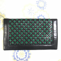 W9. Vintage Bottega Veneta intrecciato navy and green woven lamb leather large clutch bag, purse. Unisex. 050926