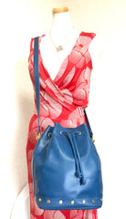 Vintage LANVIN blue grained leather hobo bucket shoulder bag with golden logo motifs. 070502re1