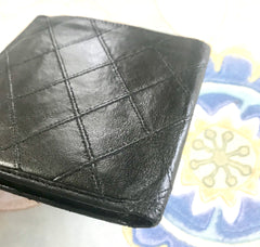 80's vintage CHANEL black calfskin square stitched wallet, bill, card case. Unisex purse.