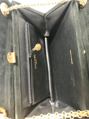 70's, 80's Vintage CHANEL genuine black suede leather kiss lock closure shoulder bag with gold tone CC marks and skinny chains. Rare purse.