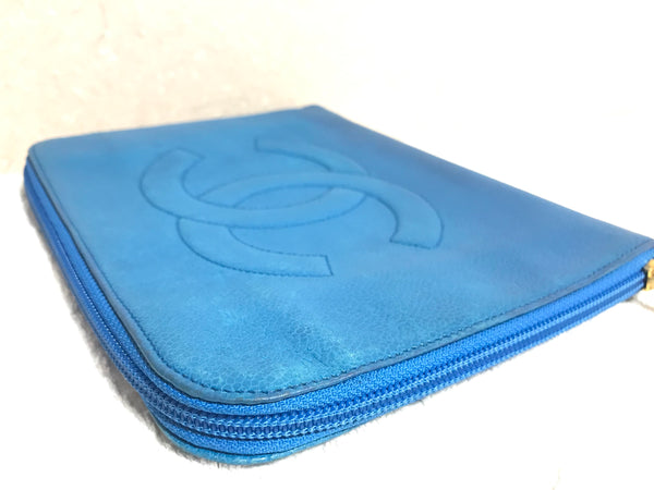Chanel Light Blue Leather Cosmetic Zip Pouch Chanel