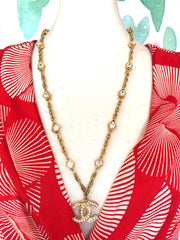 Reserved for C. Vintage CHANEL chain and gripoix glass necklace with crystal CC mark logo pendant top. Classic and simple jewelry. Beautiful piece.