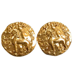 Vintage CHANEL lion, logo, and CC mark engraved golden round earrings. Beautiful Chanel jewelry piece.