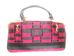 Vintage Roberta di Camerino wine red, grey, and black geometric pattern velvet handbag with golden logo charms. 060905r6