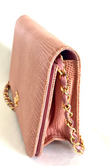 Vintage CHANEL milky pink genuine lizard leather 2.55 shoulder bag with golden CC mark and and chain strap. Rare masterpiece.