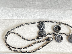 MINT. Vintage CHANEL skinny silver chain necklace with symbolic coin charms and black leather. Can be bracelet too. 060531r1