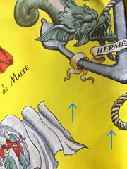 Vintage HERMES Carre large yellow silk scarf with red, blue, and white flag print. Best foulard. PAVOIS.