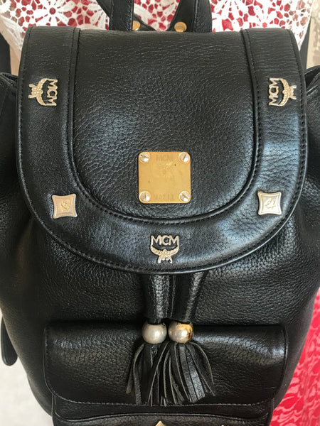 Vintage MCM Black Backpack With Golden Studded Logo Motifs and 