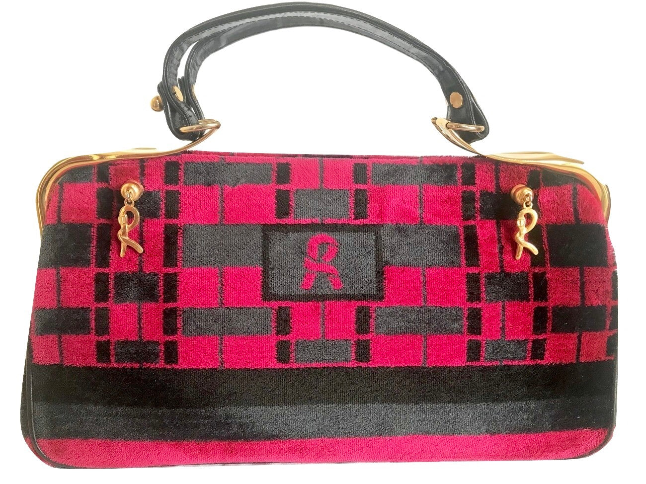 Vintage Roberta di Camerino wine red, grey, and black geometric pattern velvet handbag with golden logo charms. 060905r6