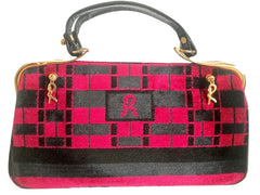 Vintage Roberta di Camerino wine red, grey, and black geometric pattern velvet handbag with golden logo charms. 060905r6