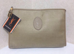 Vintage Yves Saint Laurent khaki beige clutch pouch, makeup case classic bag with leather trimmings.