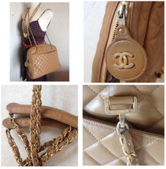 80's Vintage CHANEL brown lambskin large classic bag with double golden chain strap and a CC pull charm.