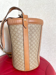 Vintage Celine round box shape hobo bucket shoulder purse in classic brown macadam blaison pattern with leather strap. 050111an1