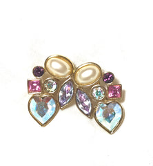 Vintage Yves Saint Laurent crystal and pearl earrings. YSL must have jewelry piece. Heart, pink, purple, pearl stones. 010312et