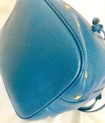Vintage LANVIN blue grained leather hobo bucket shoulder bag with golden logo motifs. 070502re1