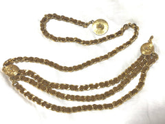 Vintage CHANEL triple layer golden chain and brown leather belt with CC and lion charms. Beautiful classic belt back in old era. R0410119