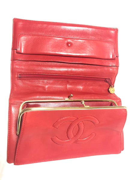 Chanel Vintage Chanel Red Caviar Leather CC Logo Kiss Lock Coin