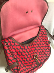 Vintage Roberta di Camerino red and brown saumur messenger shoulder bag with leather trimmings with R logo motif. Made in USA. 060711r2