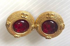 Vintage CHANEL golden frame and red round gripoix glass stone earrings with CC marks. Beautiful jewelry piece.