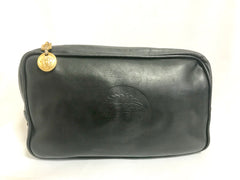 Vintage Gianni Versace black leather purse pouch, case bag with its iconic medusa face and golden logo motif charm. Unisex bag. 061122re1