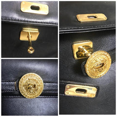 Vintage Gianni Versace black leather Kelly bag style shoulder tote bag with golden medusa motifs and hardwares. Too Gorgeous like Lady Gaga.