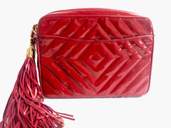 Vintage CHANEL lipstick red patent enamel shoulder bag, camera bag with CC mark and fringe. Rare diamond, diagram, chevron stitch. Glossy.