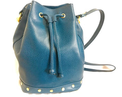 Vintage LANVIN blue grained leather hobo bucket shoulder bag with golden logo motifs. 070502re1