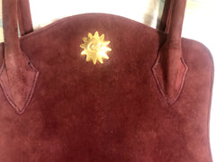 Vintage Christian Lacroix genuine wine brown suede leather sexy feminine shape bag with golden logo motif and studs. Hot purse. 0602062