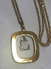 Vintage LANVIN golden skinny chain necklace with square and silver logo charm pendant top. Must have classic vintage jewelry piece. 050407r1