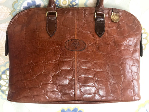 Vintage Mulberry croc embossed brown leather bolide tote bag. By Roger Saul.