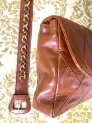 L20190528. 1990s. Vintage CHANEL brown calf leather belt bag, fanny pack, hip bag with gold CC closure and chain belt. Belt fits 29.3" through 32.5".