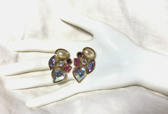 Vintage Yves Saint Laurent crystal and pearl earrings. YSL must have jewelry piece. Heart, pink, purple, pearl stones. 010312et