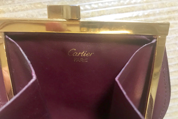 Vintage Cartier genuine wine leather coin case purse with gold