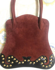 Vintage Christian Lacroix genuine wine brown suede leather sexy feminine shape bag with golden logo motif and studs. Hot purse. 0602062