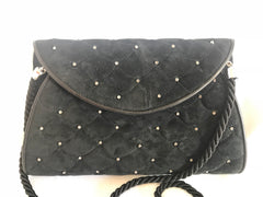 Vintage Valentino Garavani black suede leather shoulder bag, clutch purse with crystal stones and scale quilted stitches. 050816f4