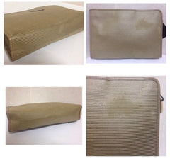 Vintage Yves Saint Laurent khaki beige clutch pouch, makeup case classic bag with leather trimmings.