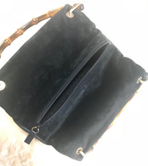 W4 Vintage Gucci black suede leather handbag with bamboo handles. Classic purse from Bamboo collection.