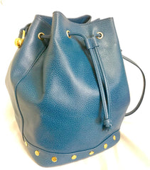 Vintage LANVIN blue grained leather hobo bucket shoulder bag with golden logo motifs. 070502re1