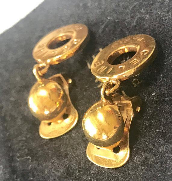 CELINE Earrings AUTH logo Chain Rare Vintage Gold Coin Circle Medal F/S