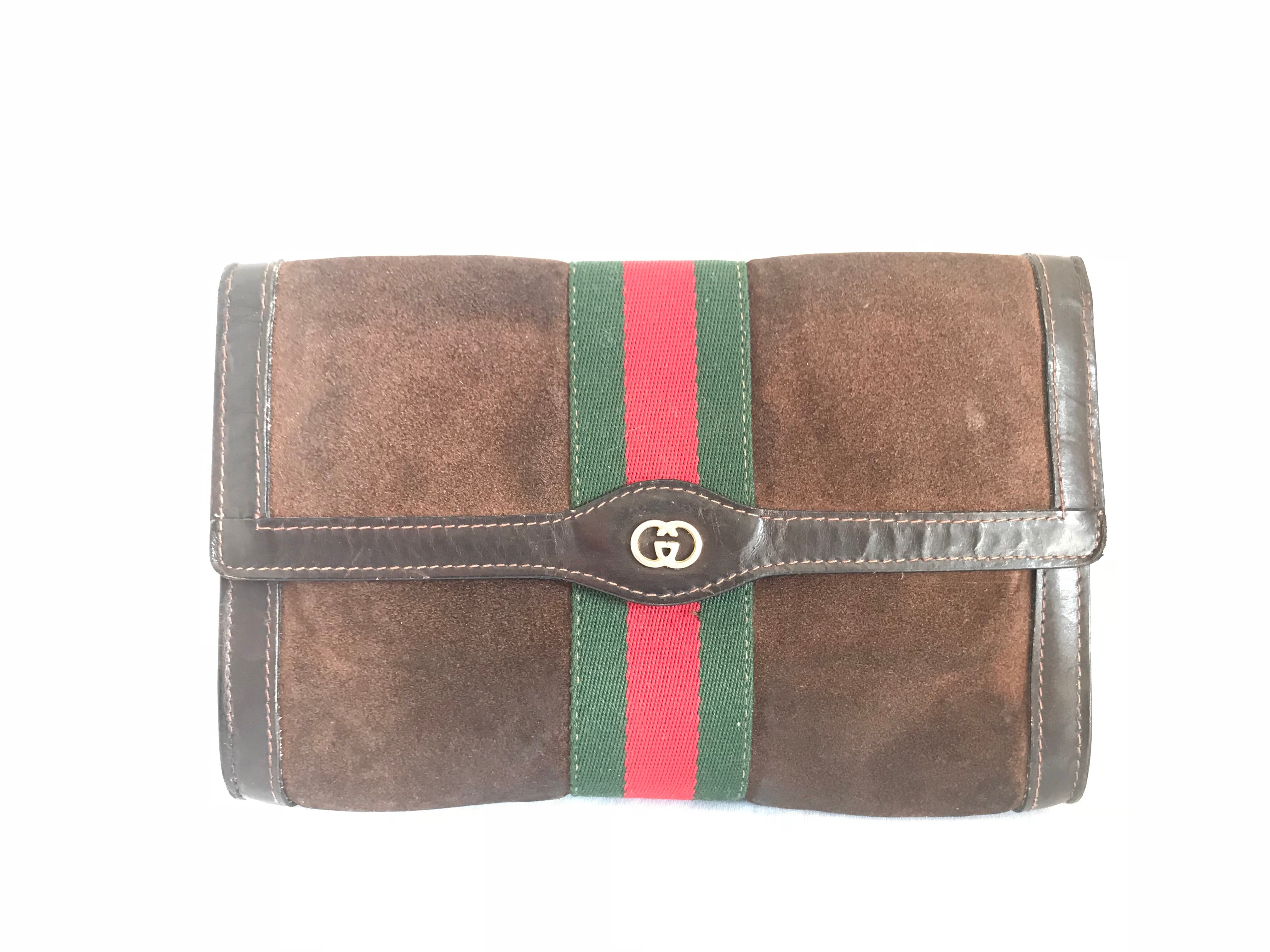 80's Vintage Gucci brown suede leather classic makeup, cosmetic, toiletry pouch, clutch purse  with green and red webbing. Gucci Parfums.