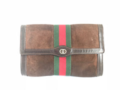 80's Vintage Gucci brown suede leather classic makeup, cosmetic, toiletry pouch, clutch purse with green and red webbing. Gucci Parfums.