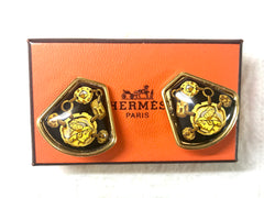 Vintage Hermes cloisonne golden earrings with black and yellow chain, stud, H logo, mademoiselle design. Fan shape enamel classic jewelry.