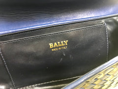 Vintage Bally black and blue enamel intrecciato design leather clutch purse, mini bag. Unique purse with golden B logo charm.