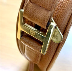 Vintage MCM suzy wong bag, brown grained leather round shoulder bag with studs and fringes. Designed by Michael Cromer. Nature. 060531r8
