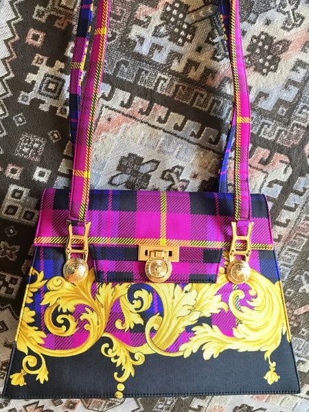 1980s Gianni Versace Checkered Flower Print Shoulder Bag